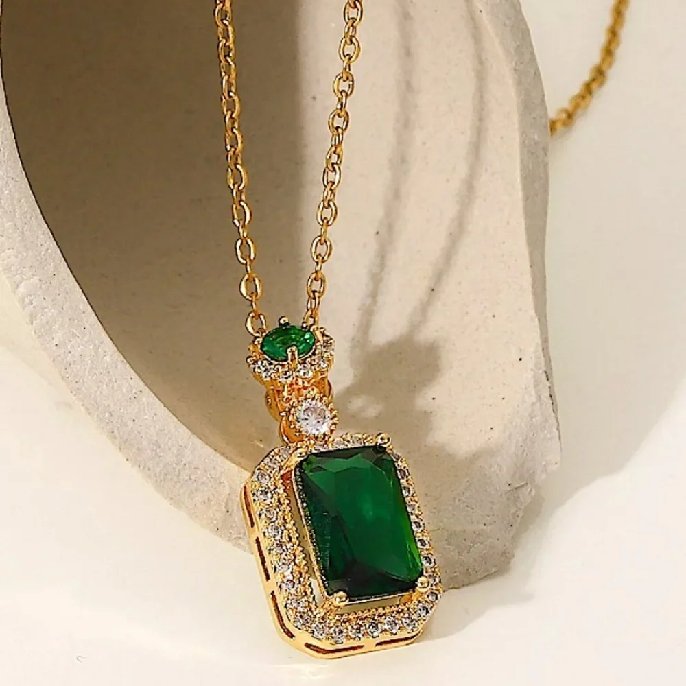 Emerald Gold Plated Zircon Charm Pendant Necklace Matching Earrings Set